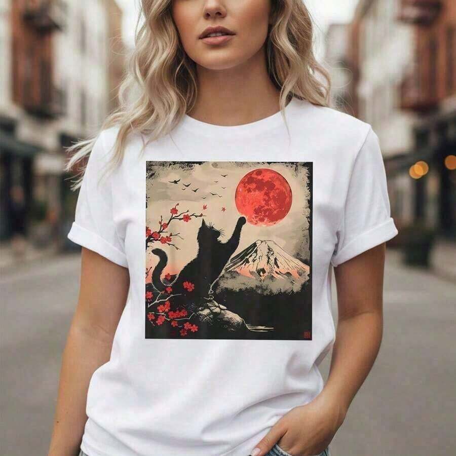 New Women's Summer Casual T-Shirt, Pure Cotton, Short Sleeve, With Japanese Cat And Red Moon Print, Loose Fit, Sizes S-5XL, Summer Graphic Top, Vintage Artistic Design, Comfortable Crew Neck T-Shirt For Everyday Wear - Unisex Loose Fit Cotton Short Sleeve Crew Neck T-Shirt, Vintage Urban Style - 白色 - 查看 1