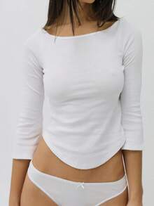Women Summer Bell 3/4 Sleeve Crop Top Boat Neck Solid Color Slim Fit Basic T Shirts Y2K Party Top For Spring Fall - White - View 2