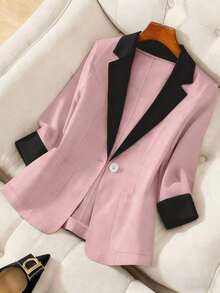 Blazer ligero de verano con cuello de contraste, uso casual/laboral, de 3/4 de manga para mujer - Rosa - Ver 10