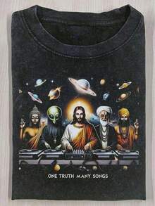 Camiseta GráFica Vintage Con TemáTica Espacial Para Mujeres - Camiseta De AlgodóN Lavado De 210GSM De Peso Pesado Con DiseñO De Fiesta De DJ AlieníGena - Camiseta Retro Negra De Ciencia FiccióN Para Conciertos, Festivales Y Ropa De Calle Diaria - Camiseta De Verano De Ajuste Holgado Lavable A MáQuina, Ropa De Concierto, Obra De Arte úNica, Tela Duradera, Pieza De DeclaracióN, Amantes De La MúSica - Negro - Ver 8