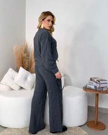 Women's Winter Mousse Knit Set - Wide-Leg Pants And Braided Blouse - 石墨 - 查看 3
