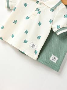 4pcs/Set Baby Boy Summer New Cactus Print & Solid Waffle Polo Collar Half-Open Shirt And Shorts Casual Fashion Outfit - Green - View 4