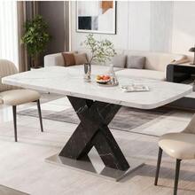 120CM-160CM Modern Rectangle Dining Table Stretchable,Printed White Marble Table Top+MDF Black X-Shape Table Leg With Metal Base - Black - View 1