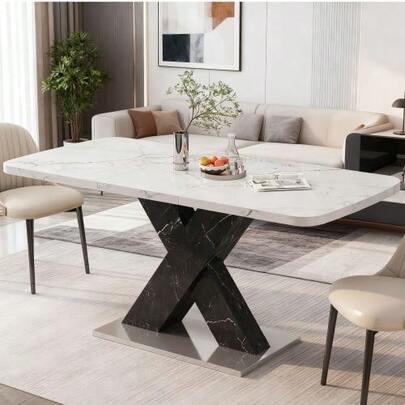 120CM-160CM Modern Rectangle Dining Table Stretchable,Printed White Marble Table Top+MDF Black X-Shape Table Leg With Metal Base