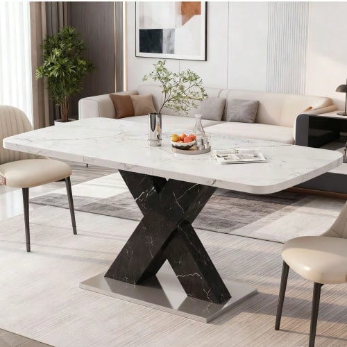 120CM-160CM Modern Rectangle Dining Table Stretchable,Printed White Marble Table Top+MDF Black X-Shape Table Leg With Metal Base - Black - View 1
