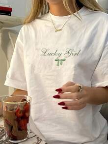 Lucky Graphic T-Shirt - Women's Soft And Breathable Casual T-Shirt, White With Green Letter Print, Short Sleeve, Round Neck, Perfect For Spring Summer Outfits, Breathable Relaxed Fit T-Shirt - 白色 - 查看 1