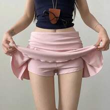 Faldas fruncidas que se vuelvan a la cintura para prevenir la exposición, Vestido corto deportivo de Golf para mujer, Falda corta atlética de cintura alta de alta elasticidad - Rosa - Ver 1