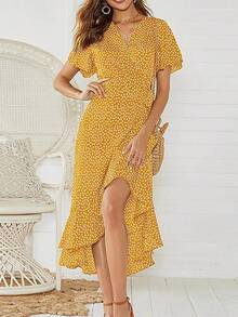 Vestido playero largo sexi con flores para mujer, vestido bohemio de gasa largo con volantes estampado, vestido entallado informal con cuello de pico y abertura de verano - Amarillo - Ver 1