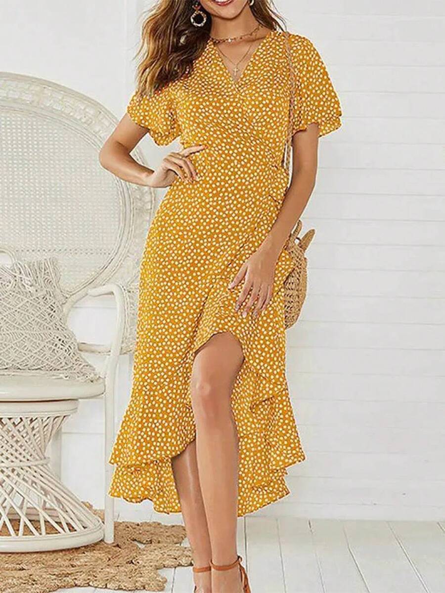 Vestido playero largo sexi con flores para mujer, vestido bohemio de gasa largo con volantes estampado, vestido entallado informal con cuello de pico y abertura de verano - Amarillo - Ver 1