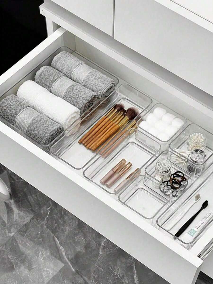 8/7/4pcs Acrylic Drawer Organizer Boxes, Fashion Compartment Desktop Storage Boxes, Multiple Sizes Available For Vanity, Bathroom Drawers, Suitable For Cosmetics, Office Supplies, Bathroom Cabinet Storage, Summer Women's Holiday Gift