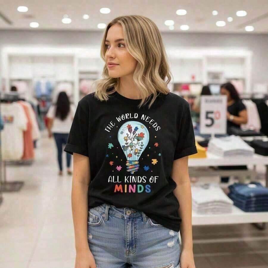 New Women's Summer Casual Cotton T-Shirt With "The World Needs All Kinds Of Minds" Print, Sizes S-5XL, Casual Daily Wear, Black Graphic T-Shirt, Soft And Comfortable Fabric, Loose Fit, Round Neck, Autism Awareness Design, Fashionable Top For Ladies - Unisex Cotton Short Sleeve Round Neck T-Shirt, Vintage Urban Style. - 黑色 - 查看 1