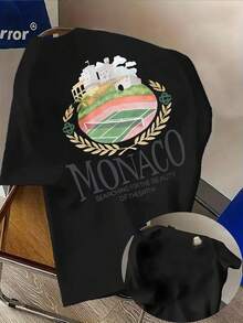 Summer Tops: Fashionable Men's T-Shirt "Monaco Seeking The Beauty Of Earth" With Creative Lettering – Comfortable For All Seasons, Loose And Relaxed, Double-Sided Printed Design With Soft Materials, Lightweight Summer Street Casual Top, Machine Washable, Unisex, Regular Fit, Cotton T-Shirt, Summer Outfit. - Black - View 1