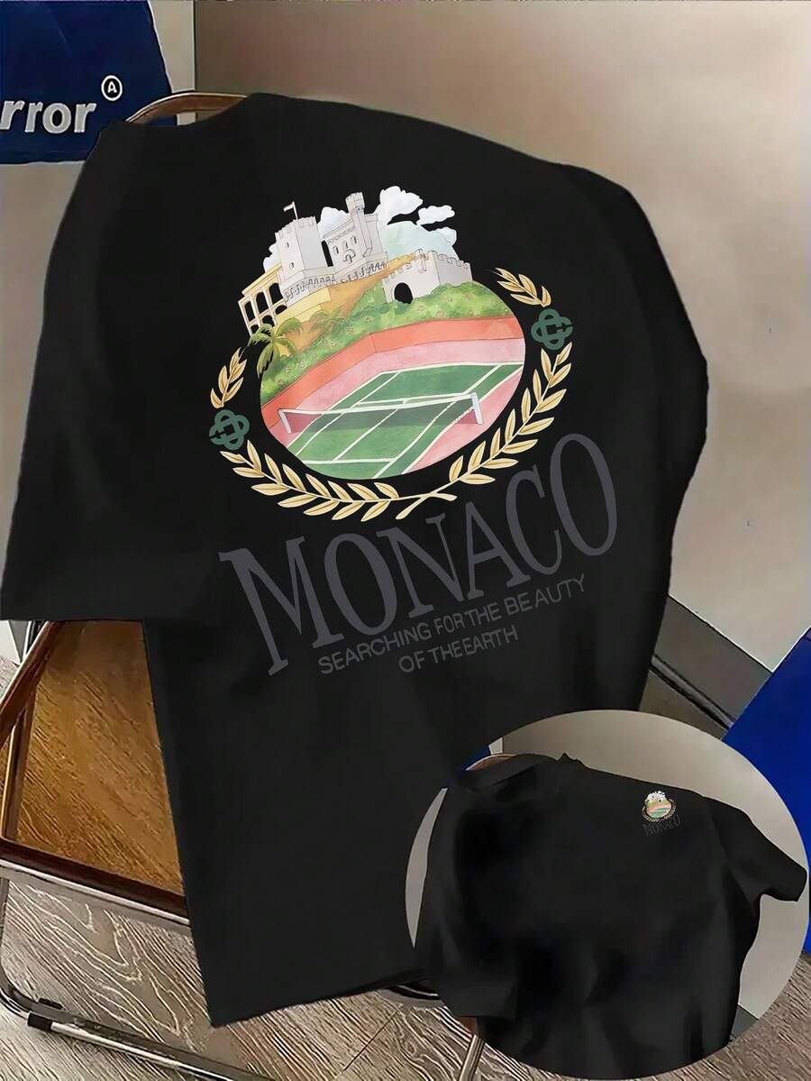 Summer Tops: Fashionable Men's T-Shirt "Monaco Seeking The Beauty Of Earth" With Creative Lettering – Comfortable For All Seasons, Loose And Relaxed, Double-Sided Printed Design With Soft Materials, Lightweight Summer Street Casual Top, Machine Washable, Unisex, Regular Fit, Cotton T-Shirt, Summer Outfit. - Black - View 1