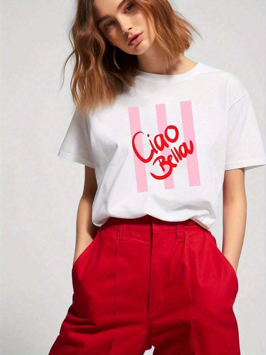High Quality Wholesale T-Shirt With Ciao Bella Letter Print, Short Sleeve, Round Neck, Casual Style For Women, Summer And Spring Clothing, New Arrival 2026 - 100% Breathable Cotton, Y2K Style Sportswear, Round Neck, 100% Cotton, Soft Fabric, Short Sleeve. - 白色 - 查看 1