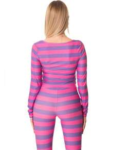 Awevudst Women's 2Piece Outfits Cheshire Cat Halloween Costume Pink And Purple Striped Cat Costume Long Sleeve Crop Top Shirt And Leggings Animal Halloween Cosplay Clothes Casual Lungewear - Hồng - Xem 9
