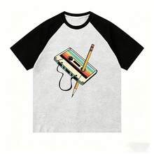 Print Raglan Sleeve Patchwork Short Sleeve T-Shirt, Casual Loose Plus Size Breathable Colorblock Summer Top, Suitable For Mother's Day, Holiday Outfit, Gray - White and Gray With Black Sleeves - View 7