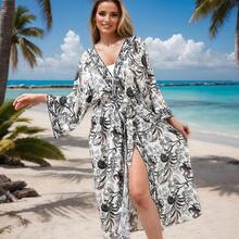 Beach Sun Protection Cover-Up, Rayon Printed Cover-Up, Beach Bikini Cardigan - -3 Black and White - View 3