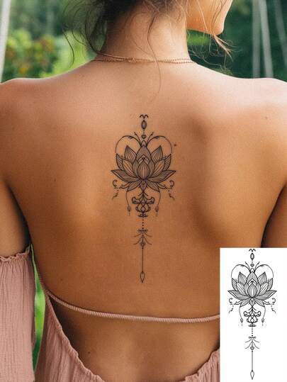 1pc Mandala Lotus Line Drawing Temporary Tattoo, Waterproof & Long-Lasting, Suitable For Back/Spine Decoration, INS Style
