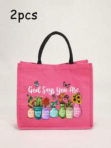 New Floral & Letter Print Handbag With Zipper Pouch, Women's Versatile Tote Bag, Portable Casual Handbag, Suitable For Birthday, Party, Holiday Gifts; Christian-Themed Tote Bag And Cosmetic Bag Set, Vacation-Style Letter Design Handbag, Suitable For Wedding, Birthday, Beach, Holiday, Best Gift For Family And Friends - Multicolor - View 16