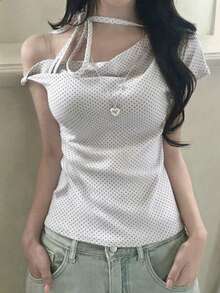 SCARLUX 秋季 Y2K 女款基礎白色波點掛脖綁帶露肩短袖上衣，修身 T-shirt，適合返校季日常街頭穿搭 - 白色 - 查看 3