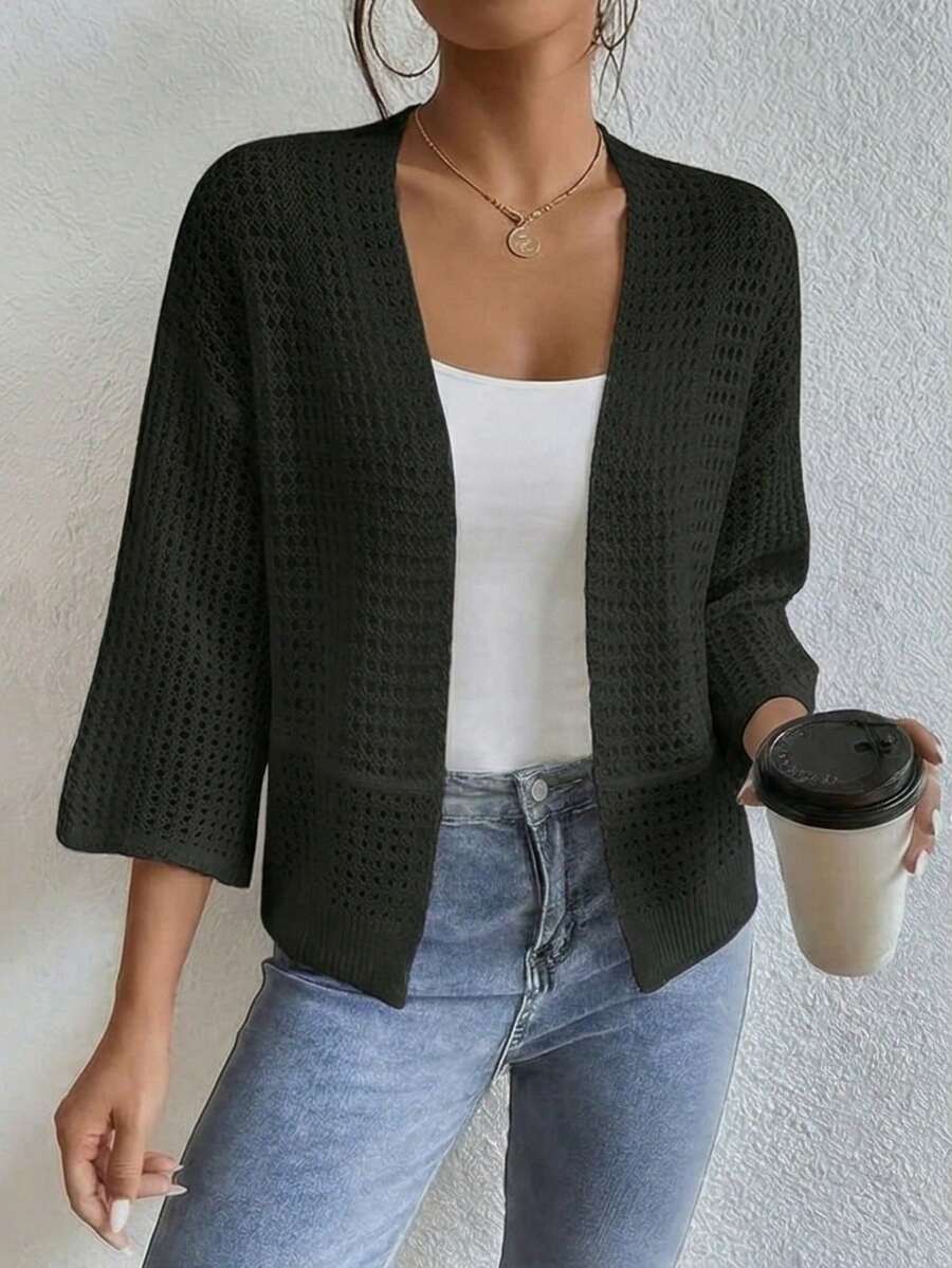 Plus Size Women's White Open Knit Cardigan, V Neck 3/4 Sleeve Hollow Out Crochet Sweater, Casual Loose Cropped Outerwear For Spring Summer - 黑色 - 查看 1