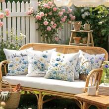 4pcs Minimalist Floral Watercolor Blue Throw Pillow Covers, Single-Sided Printed Peach Velvet, 45*45CM/18*18inch Cushion Covers Suitable For Modern Minimalist Sofa Living Room Decor, Gift, Party Decoration - Multicolor - View 8