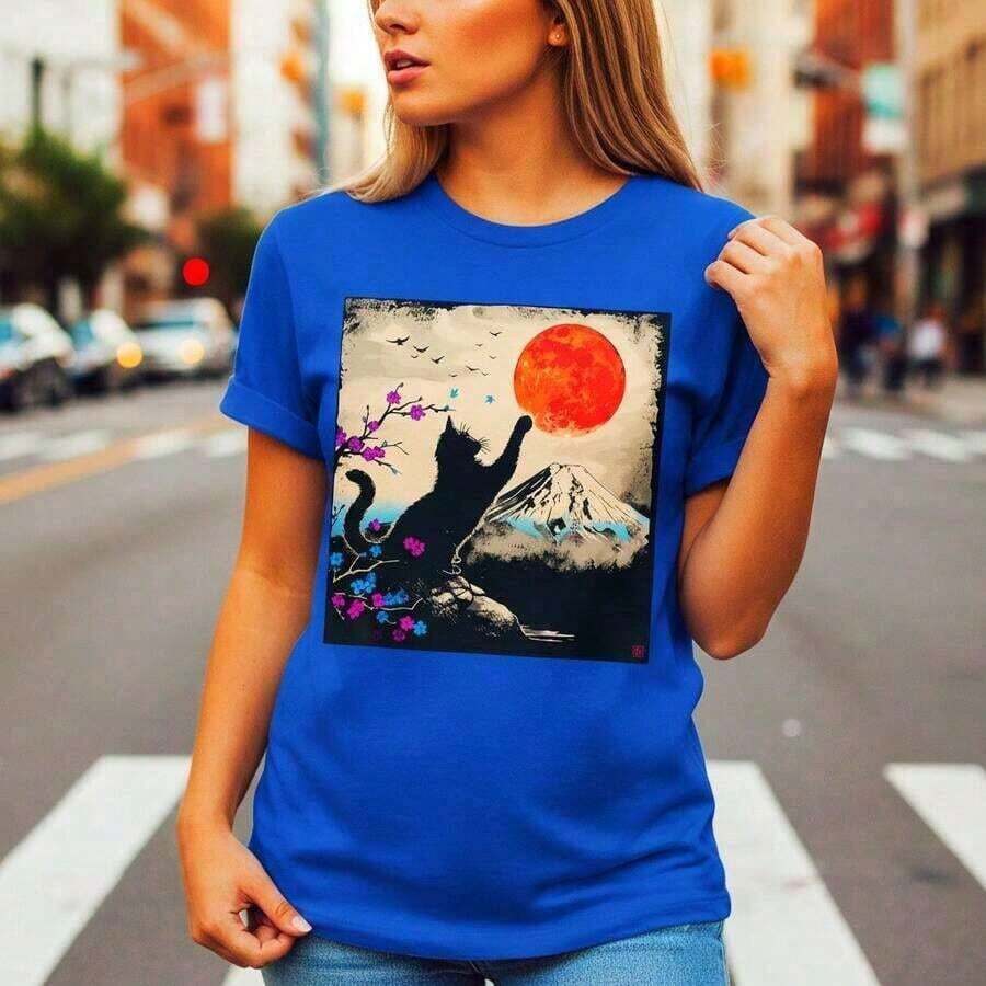 New Women's Summer Casual T-Shirt, Pure Cotton, Short Sleeve, With Japanese Cat And Red Moon Print, Loose Fit, Sizes S-5XL, Summer Graphic Top, Vintage Artistic Design, Comfortable Crew Neck T-Shirt For Everyday Wear - Unisex Loose Fit Cotton Short Sleeve Crew Neck T-Shirt, Vintage Urban Style - 藍色 - 查看 1