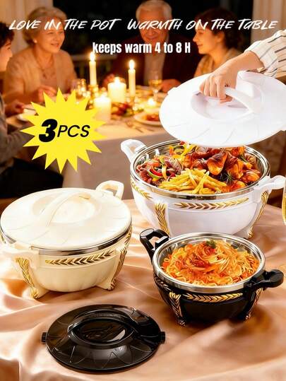 3L/7L/10L 3-Piece Set Gold Texture Thermal Insulation 4-8 Hours Hot Food Warmer Bowl Set, With Lid Stainless Steel Insulated Container, Suitable For Hot & Cold Food, Buffet Warmer Bowl, Hot Pot Warmer Set, Kitchenware Thermal Pot Set