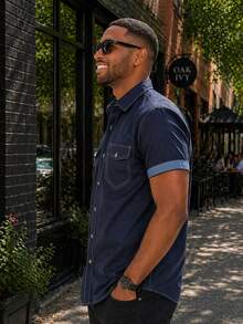 Mens Short Sleeve Western Two Pocket Button Up Shirt - Navy - View 2