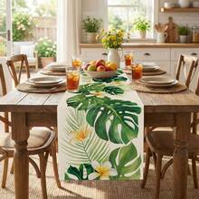 1 Stück tropischer Palmenblatt Tischläufer, hawaiianisches Federkranz-Blumenmuster Tischdekoration, geeignet für Zuhause und Partys - Grün - Übersicht 6