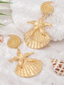 1 Pair Festival Earrings - Bold Layered Shell & Starfish Dangle Earrings For Summer & Rave Events - Yellow Gold - View 4