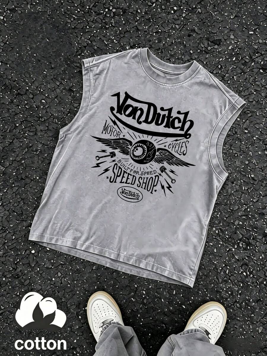 Men Grey Washed 100% Cotton Sleeveless Tank Top Vones Dutches Motorcycles Speed Shop Print Graphic Casual Outfit For Daily Wear Y2K - Grey - View 1
