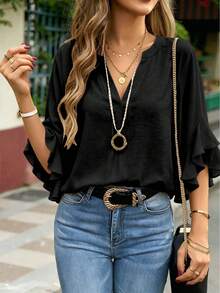 Plus Size Women V-Neck Solid Color Ruffle Trim Casual Blouse Black - Black - View 2