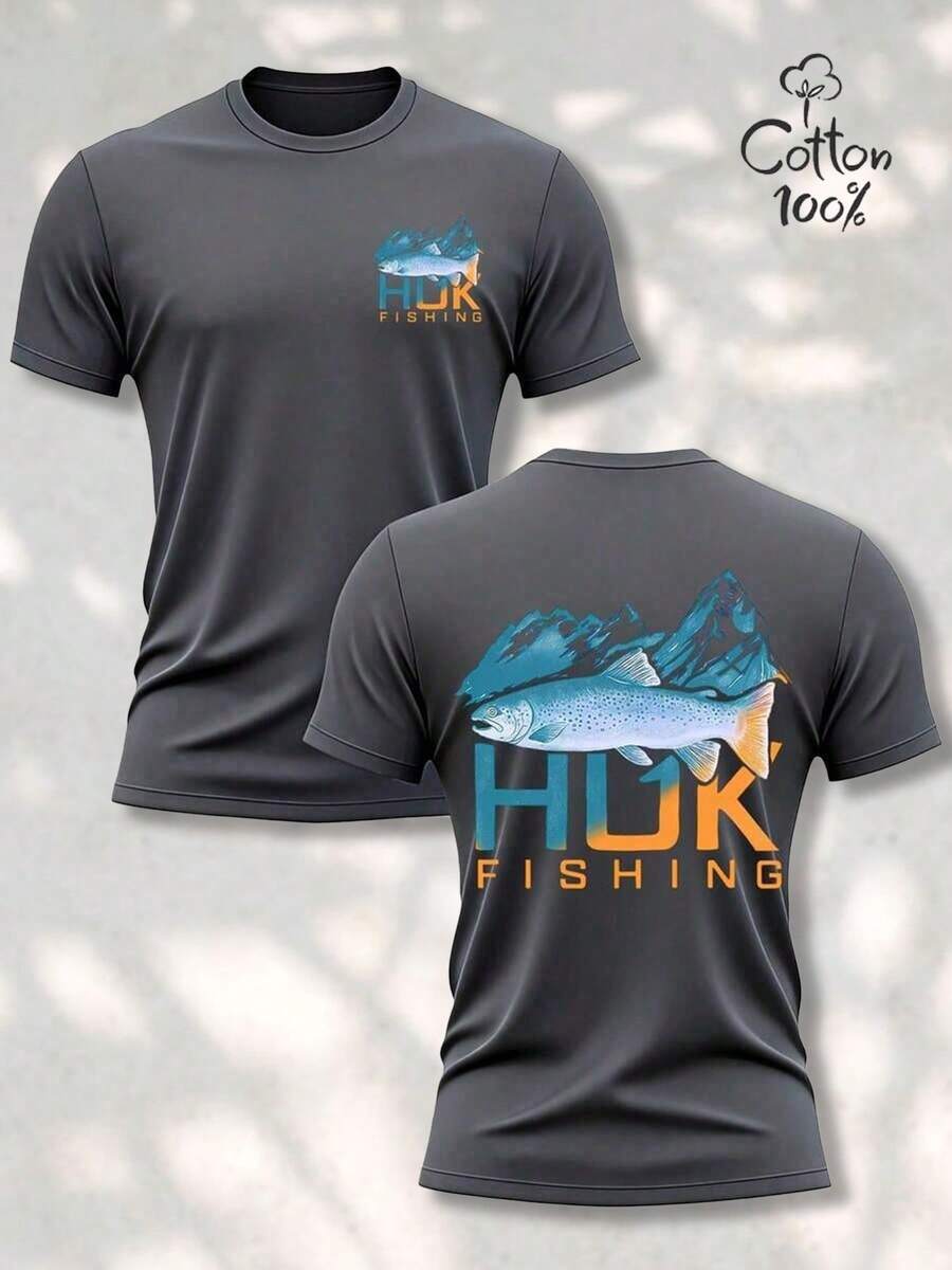 Men's 100% Cotton HUK FISHING T-Shirt Double Sided Print Gradient Trout Mountain Graphic Casual Outdoor Fishing Tee, 100% Heavyweight Cotton T-Shirts. - Grey - View 1