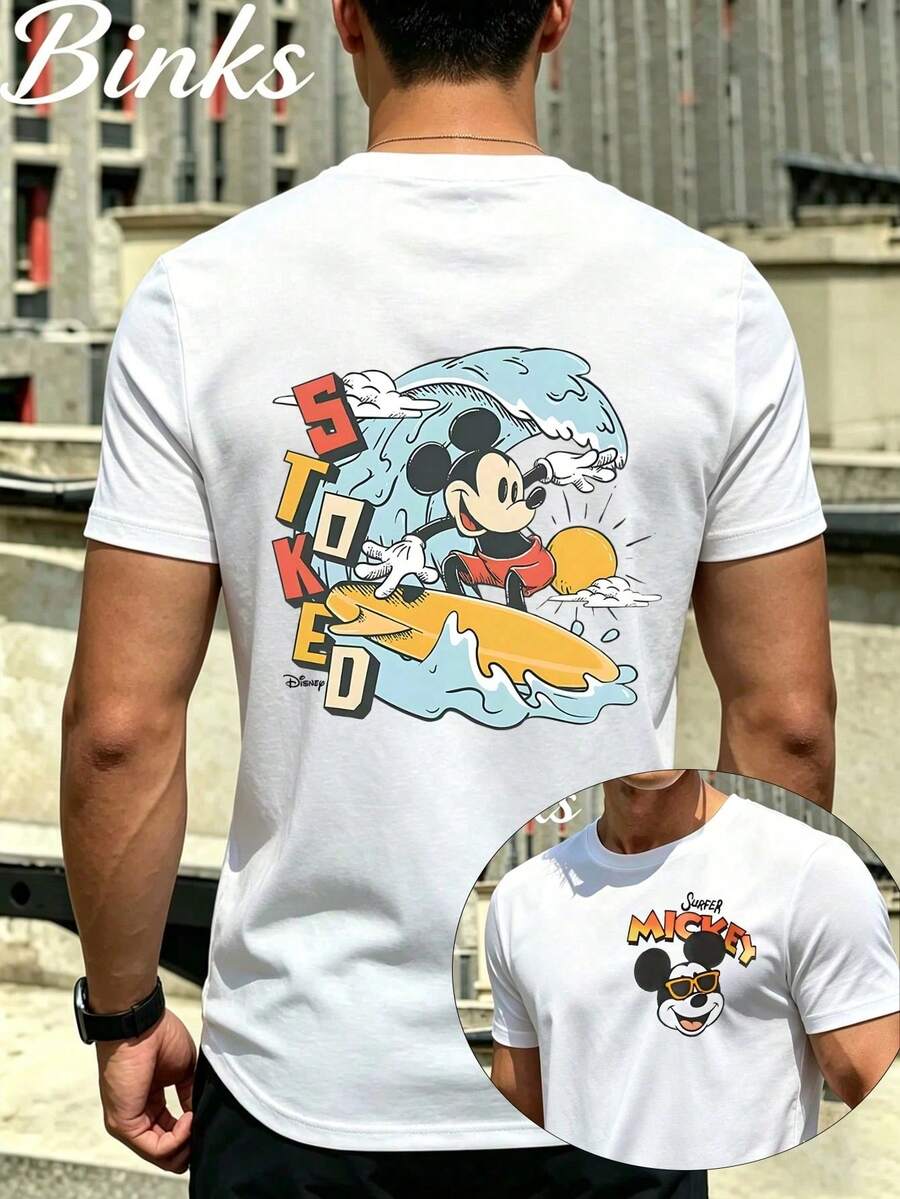 Disney Men's Mickey Mouse "Stoked Surfer" Beach Graphic T-Shirt, Casual White Tee - trắng - Xem 1