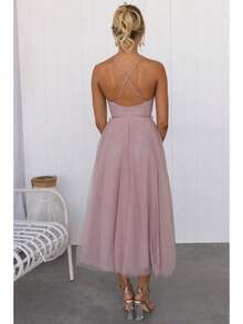 Cami Tulle Midi Dress With Corset Bodice, Sweetheart Neckline, Tie Waist Detail, Flared A-Line Skirt, Bridesmaid & Formal Party Wear - 粉色 - 查看 5