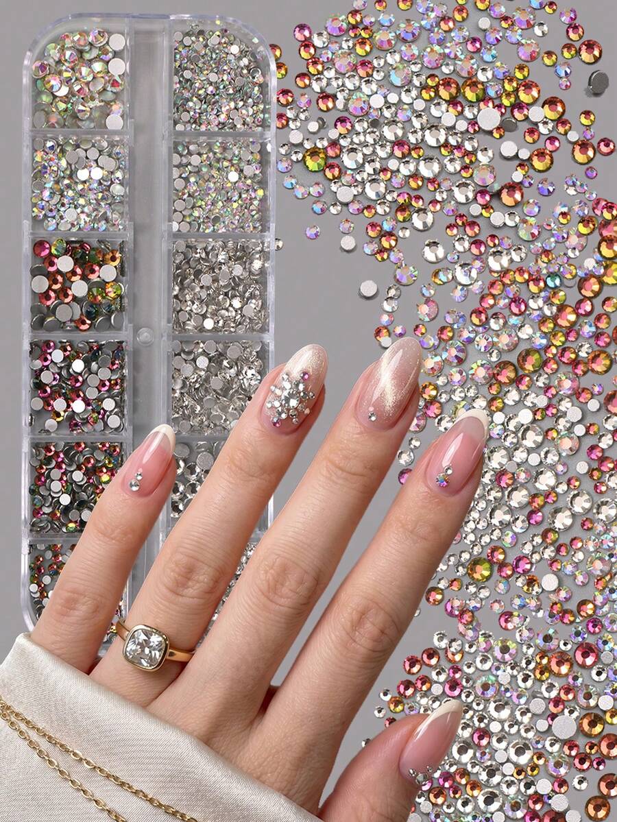 Perhiasan Kuku 12 Kompartemen Gaya Campuran dengan Dasar Datar, Rhinestone Warna Perak/AB, Dekorasi Seni Kuku Buatan Tangan DIY Tiga Dimensi, Cocok untuk French Manicure, Pesta, Festival Musik, Pernikahan, Desain Seni Musim Panas - MultiWarna - View 1