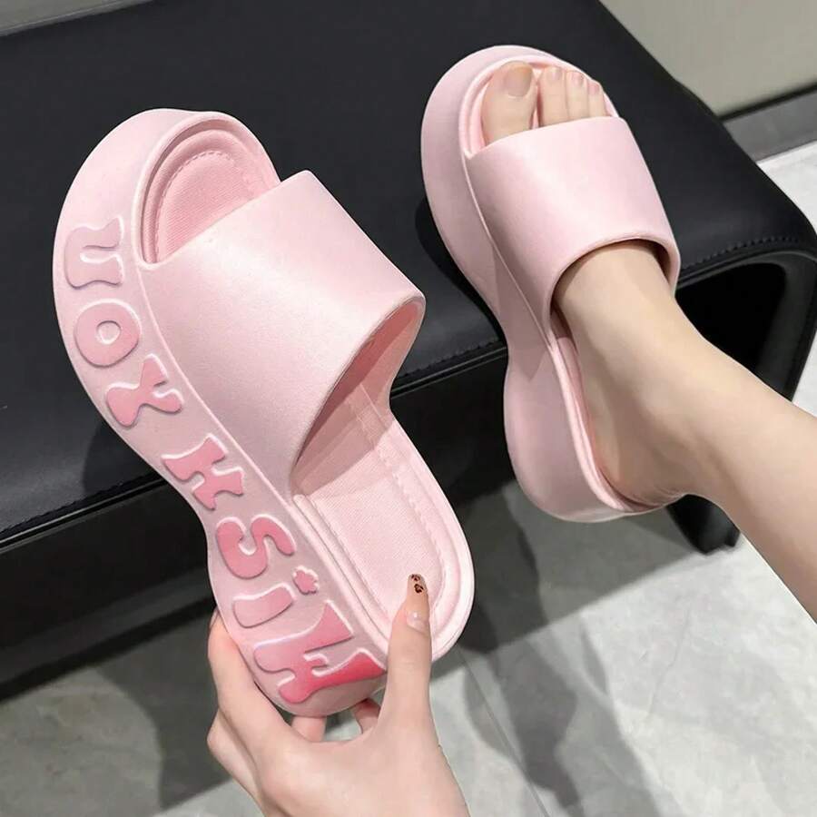 Nuevas Pantuflas de Tacón Grueso para Mujer, Sandalias de Verano para Interiores, Antideslizantes, con Plataforma, Cómodas, para el Hogar - Rosa Fucsia - Ver 1