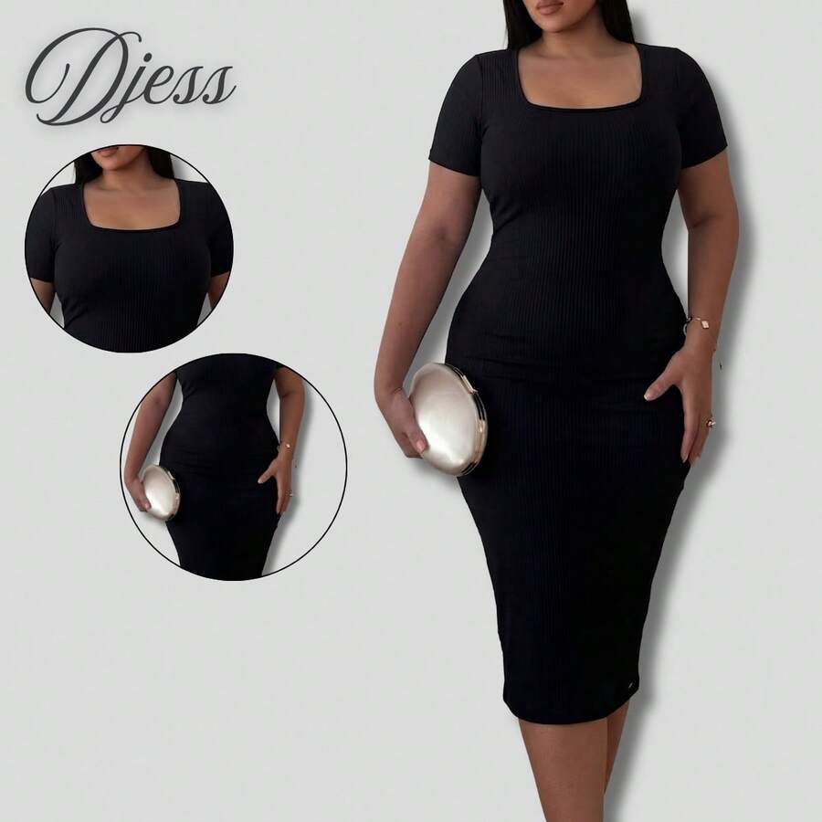 Plus Size Midi Dress With Fitted Waist And Short Sleeves - 黑色 - 查看 1