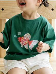Top de manga corta sencillo, informal y bonito con estampado para niños, ideal para el verano. - Verde - Ver 6