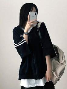 パーカー レディース 半袖 スウェット ジップアップパーカー フード付き トップス 前開き 羽織り ゆったり 体型カバー 着痩せ オーバーサイズ 5分袖 スポーティー サイドライン 英字プリント カジュアル ストリート 韓国ファッション ワンマイルウェア 運動 春 夏 秋 ブラック - グレー - チェックする 7