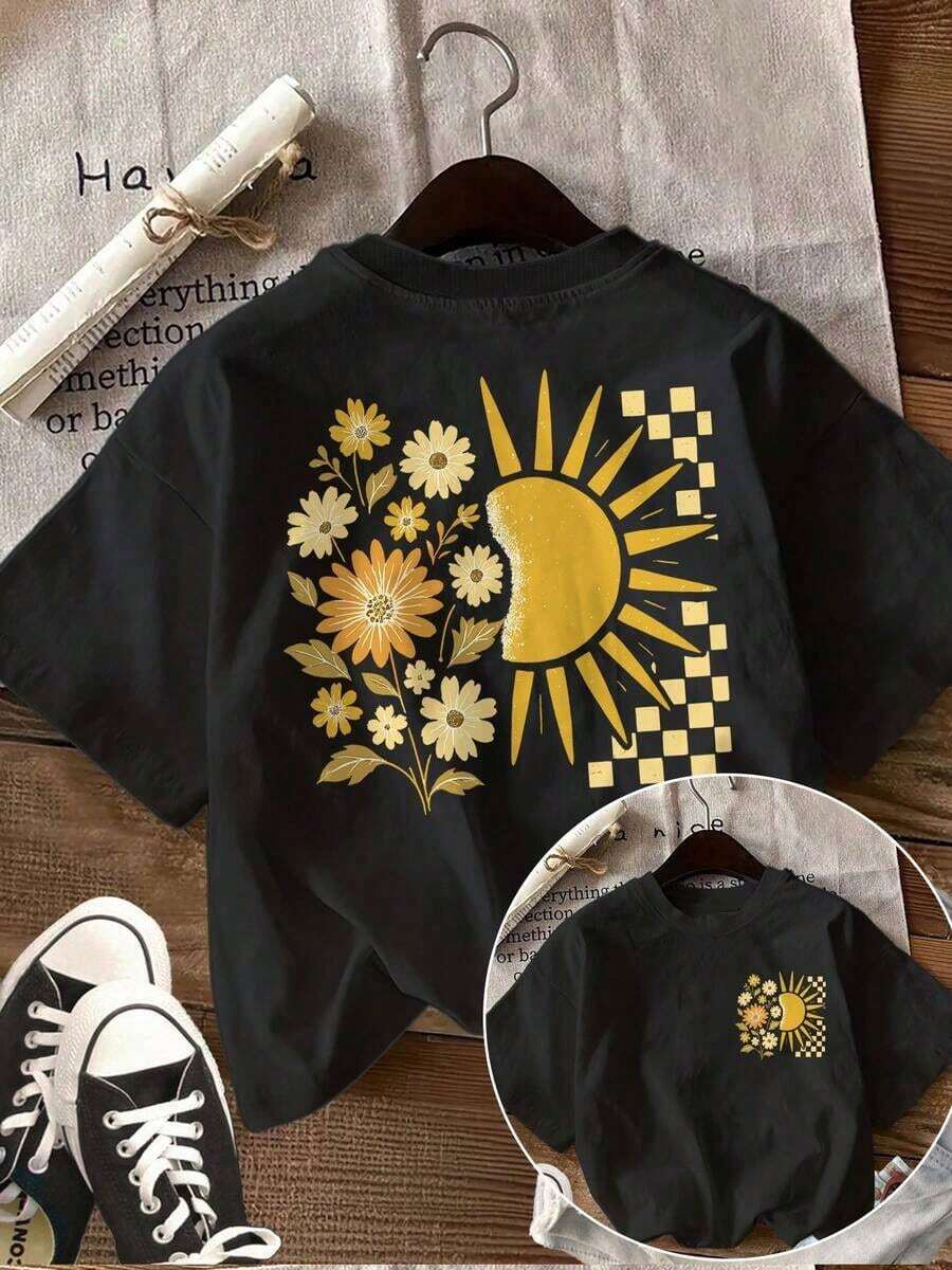 ropa de mujer Camiseta de mujer Tops, camiseta casual de mujer para primavera y verano con estampado retro de girasoles, con imágenes de doble cara, cuello redondo y mangas cortas camisas de mujer - Negro - Ver 1