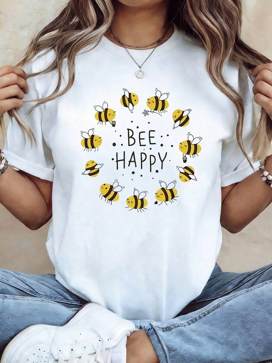 Talla Grande - Talla Grande - Camiseta de Mujer Talla Grande con Estampado de Abeja "BEE HAPPY", una prenda divertida y versátil para los desplazamientos diarios, interacciones con los padres, compartir momentos felices y reuniones con amigos, con mangas cortas. - Blanco - Ver 1