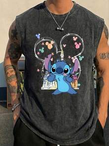 Disney Camisetas sin mangas para hombre con licencia oficial, 100 % algodón, estampado de globo y castillo de Stitch Land, lavadas, 230 g, cuello redondo estilo retro vintage, ropa cómoda e informal. - Negro - Ver 4