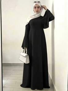 Olive Green Loose Long Sleeve Elegant Women's Dress, Casual Daily Wear Black - Black - View 7