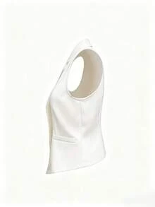 1pc Women's Solid Color Pocket Button Elegant Fashionable Sleeveless Vest Top Jacket White - White - View 4