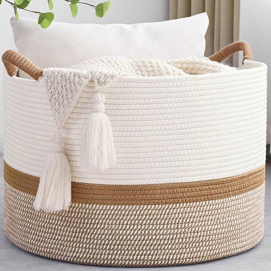 67L Large Blanket Basket, 20'x13' Woven Storage Baskets With Handle, Cotton Rope Blanket Basket Living Room, Baby Laundry Hamper - 白色和棕色 - 查看 1