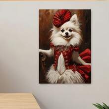 Enmarcado Lienzo decorativo de pared 2D plano, 1 unidad, grande, , con diseño de perro Pomerania blanco con traje de bailarina de zorro rojo - Moderno minimalista - Póster de Pomerania adorable para el hogar, la oficina, regalo para amantes de los perros, retrato de animal, 2D plano - Enmarcado - Ver 4