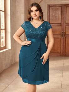 Plus Size Sequin Lace V-Neck Colorblock Ruffle Hem Chiffon Cocktail Party, Wedding Guest Dress, Graduation Ceremony Elegant Summer - Dusty Blue - View 7