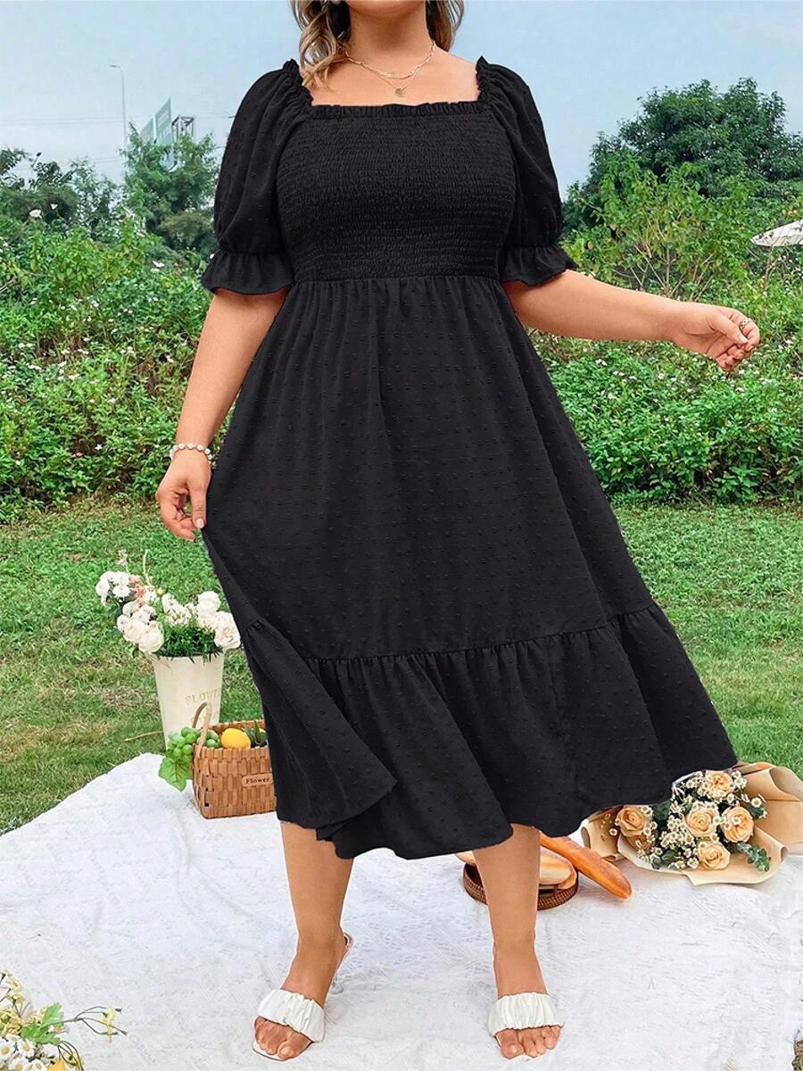 Vestido Midi de talla grande para mujer, Color puro, con dobladillo con volantes, cuello cuadrado, Espalda descubierta, vestido de manga corta, temperamento elegante - Negro - Ver 1